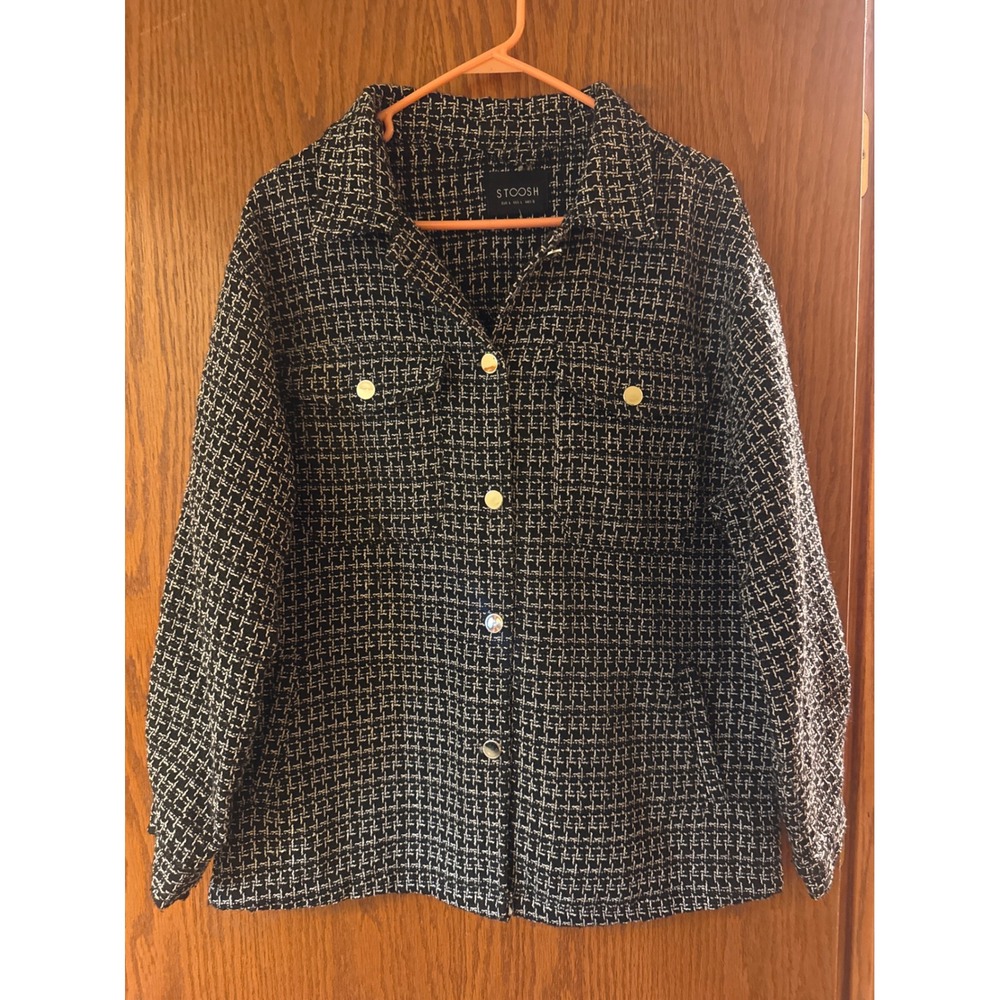 Stoosh Black White Tweed Jacket Women's Large Long Sleeve Button Front Coat